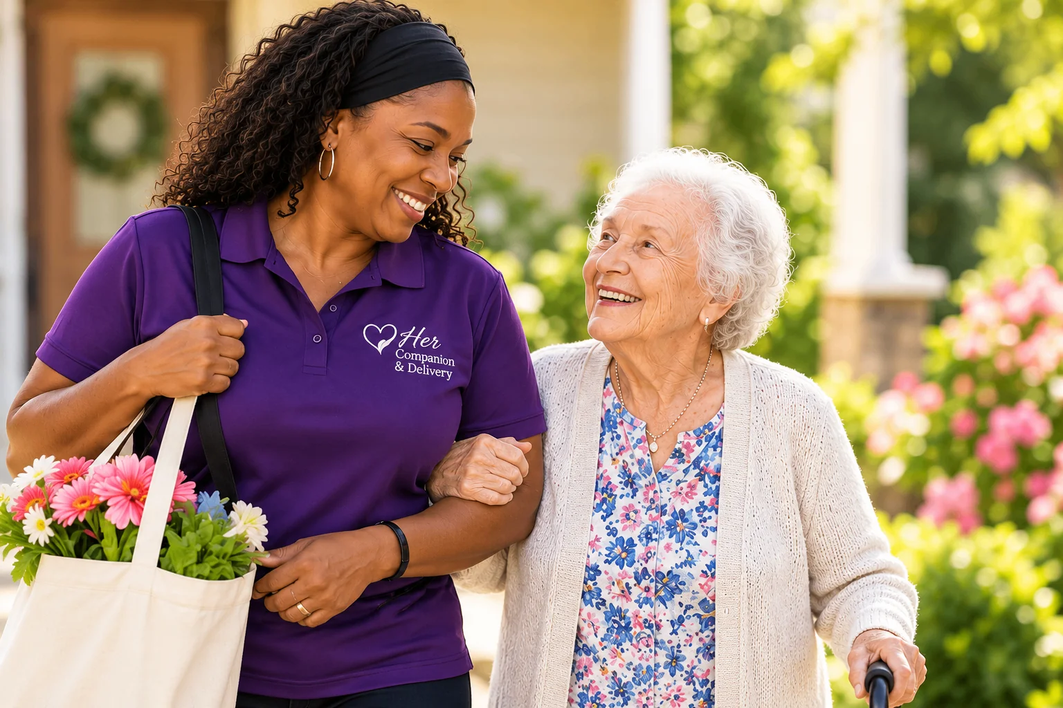 A Her Companion & Delivery caregiver in a branded purple polo walking arm-in-arm with a smiling elderly woman outside a home with flowers.